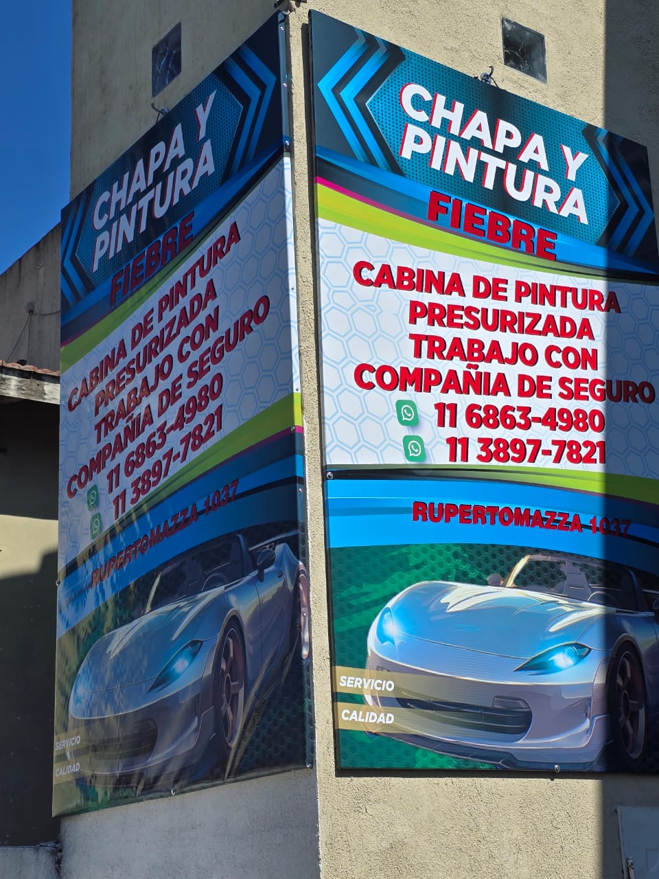 Cartelería oficial de Chapa y Pintura Fiebre con detalle de atención a compañías